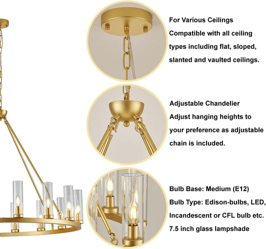 Uboxin Farmhouse Wagon Wheel Chandelier,D42 16 Light Gold Industrial Rustic Chandelier Lighting, Round Kitchen Island Pendant Light with Clear Glass(42in-16 Lights)
