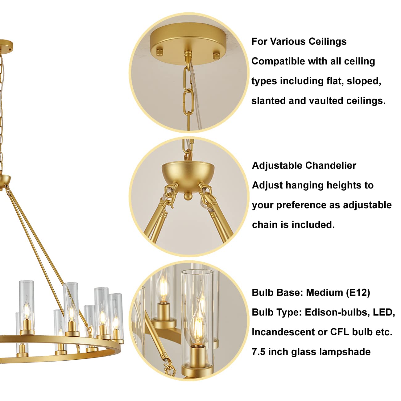 Uboxin Farmhouse Wagon Wheel Chandelier,D42 16 Light Gold Industrial Rustic Chandelier Lighting, Round Kitchen Island Pendant Light with Clear Glass(42in-16 Lights)