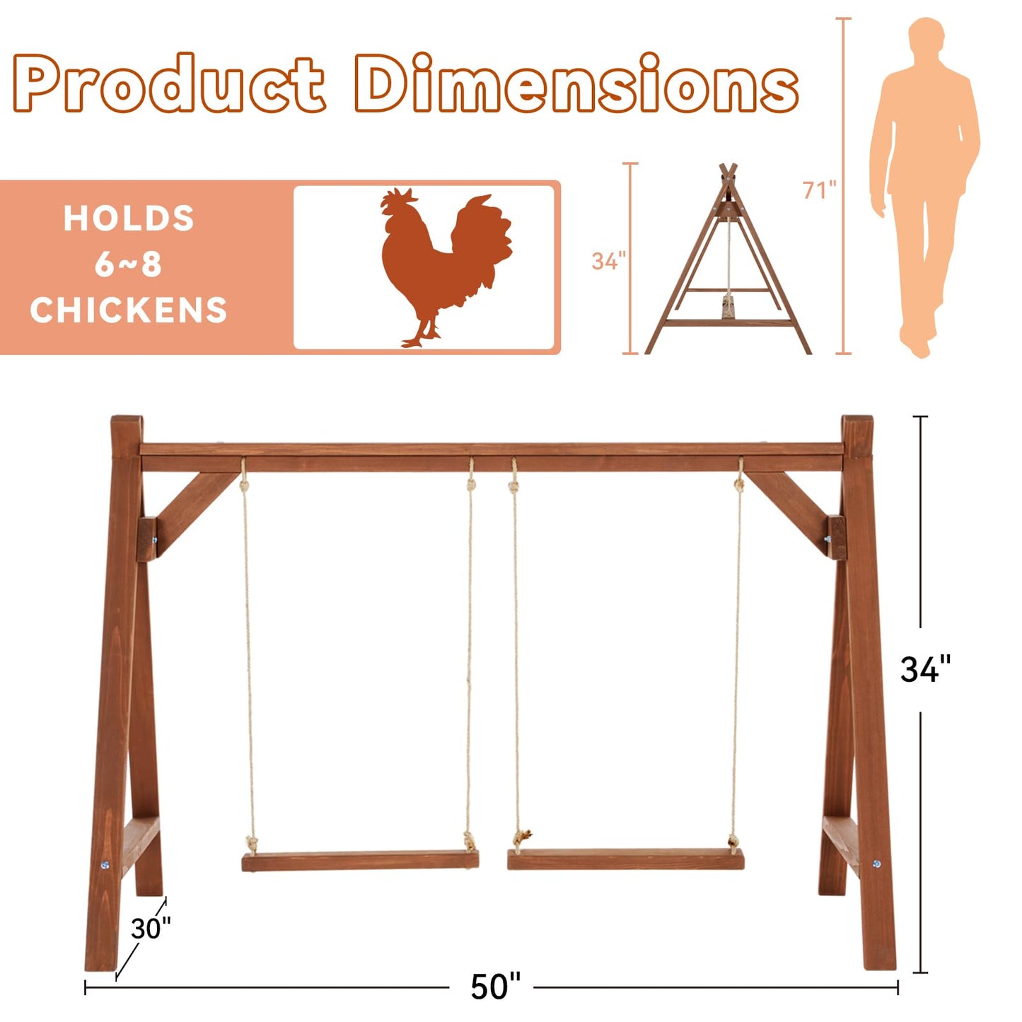 PETSFIT Chicken Roosting Bars for Hens with 2 Swings,Chickens Perch for Pet's Healthy and Play,Chicken Coop Accessories for 6-8 Chickens,Easy to Assemble and Clean