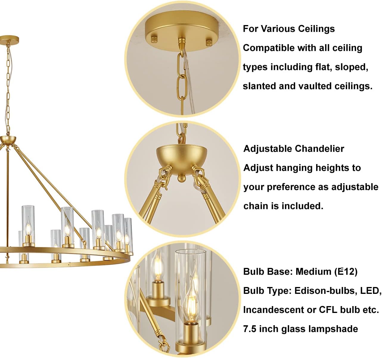 Uboxin D52 Large Gold Wagon Wheel Chandelier 20 Light with Clean Glass, Farmhouse Vintage Industrial Country Style Round Pendant Light Fixture for Stair Living Room(52in-20 Light)