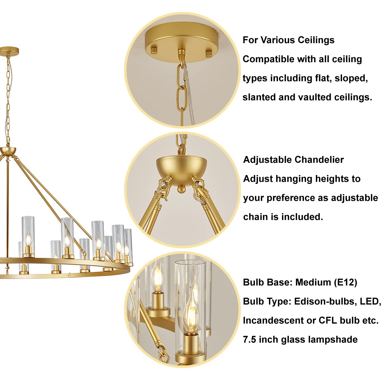Uboxin D52 Large Gold Wagon Wheel Chandelier 20 Light with Clean Glass, Farmhouse Vintage Industrial Country Style Round Pendant Light Fixture for Stair Living Room(52in-20 Light)