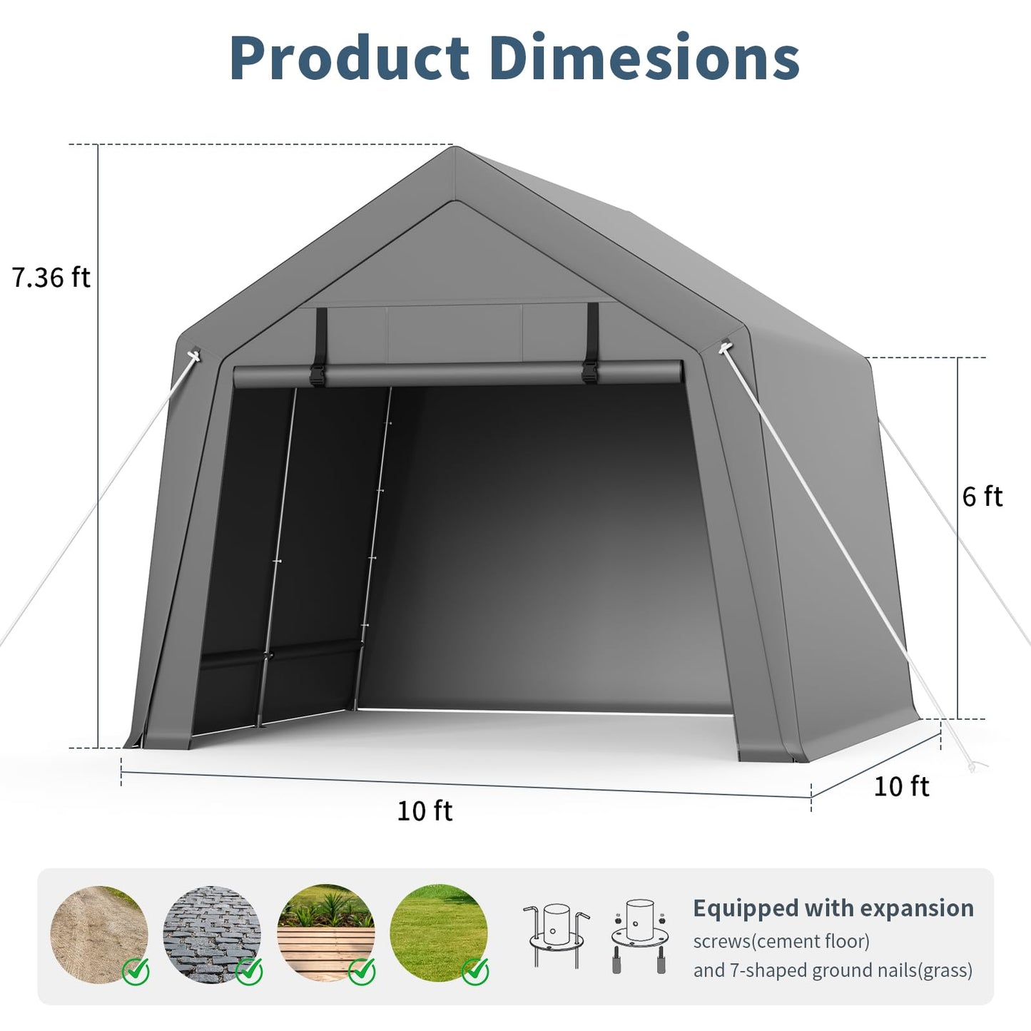 GAOMON 10'x10' Outdoor Portable Garage, Waterproof & UV-Resistant Storage Shed with 2 Roll-Up Doors, Carport Tent for Motorcycle, Bike, and Tools, Gray