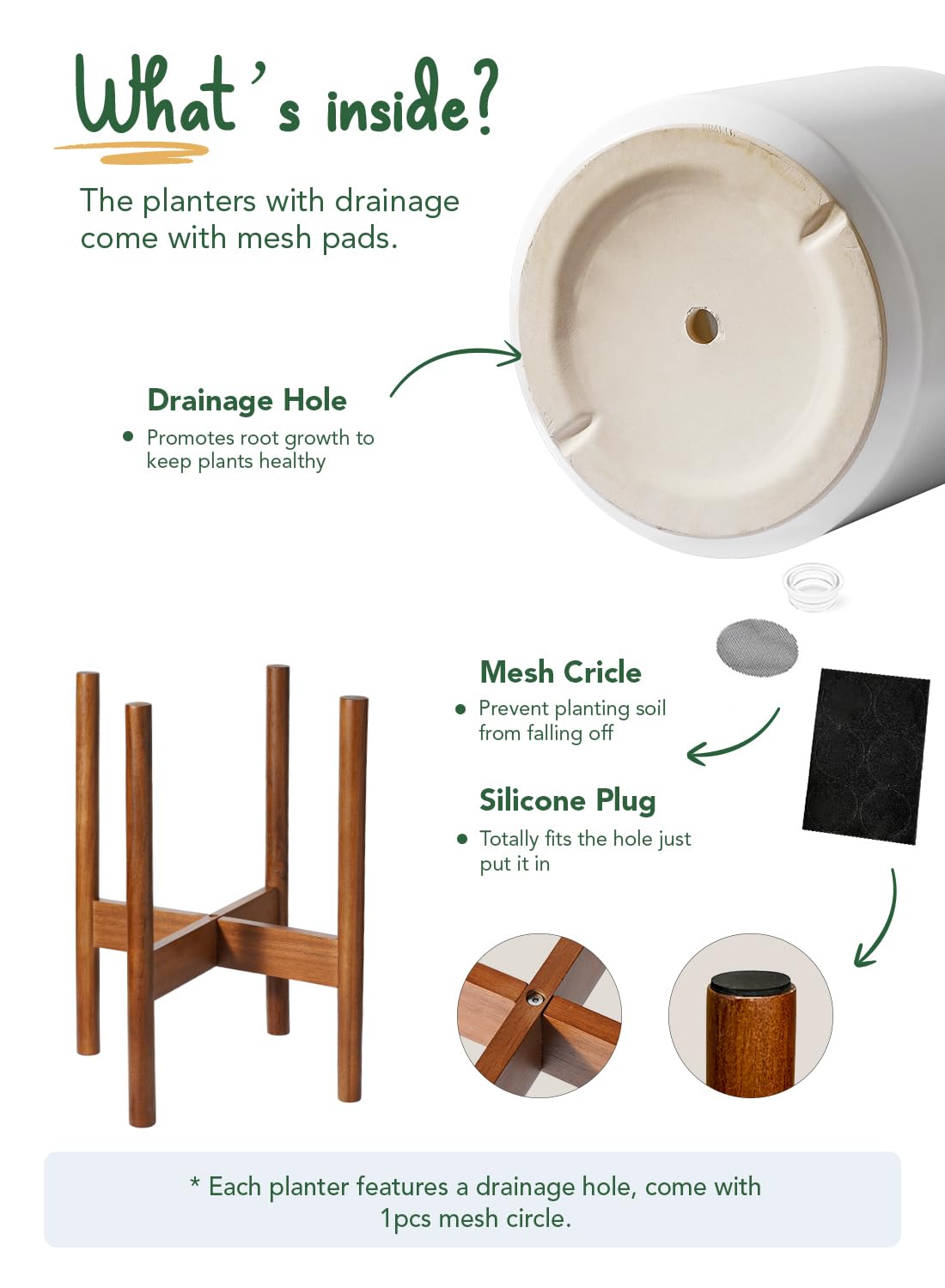 LE TAUCI 12 Inch Planter with Acacia Wood Stand, Large Ceramic Indoor Plant Pot with Drainage Hole & Plug, Mid Century Modern Plant Holder for Fiddle Leaf Fig, Monstera, Snake Plant, White