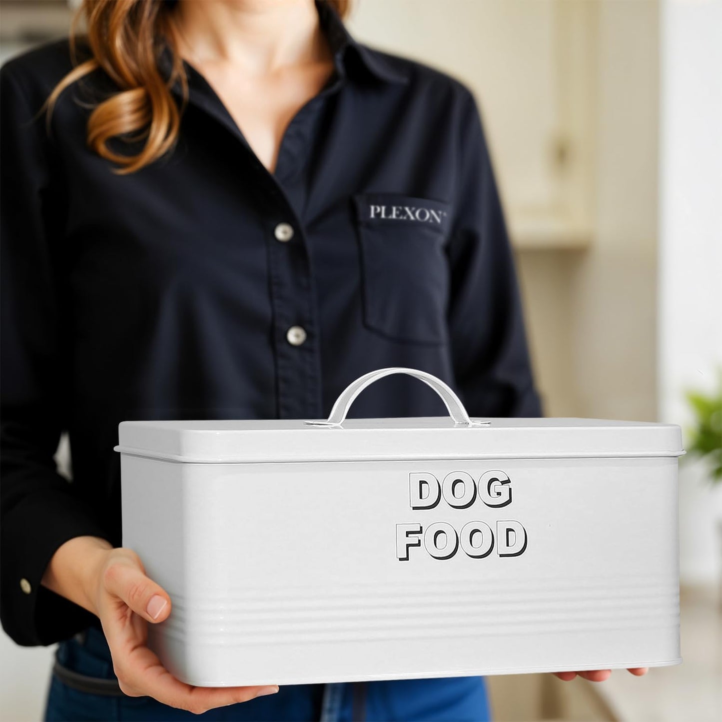 Plexon Dog Food Storage Container with Scoop, Metal Dog Food Container 10 lbs Holder Bin with Lid Small Pet Chow Storage Canister Tin, Treat Jars for Pets, 2 Gallons, White