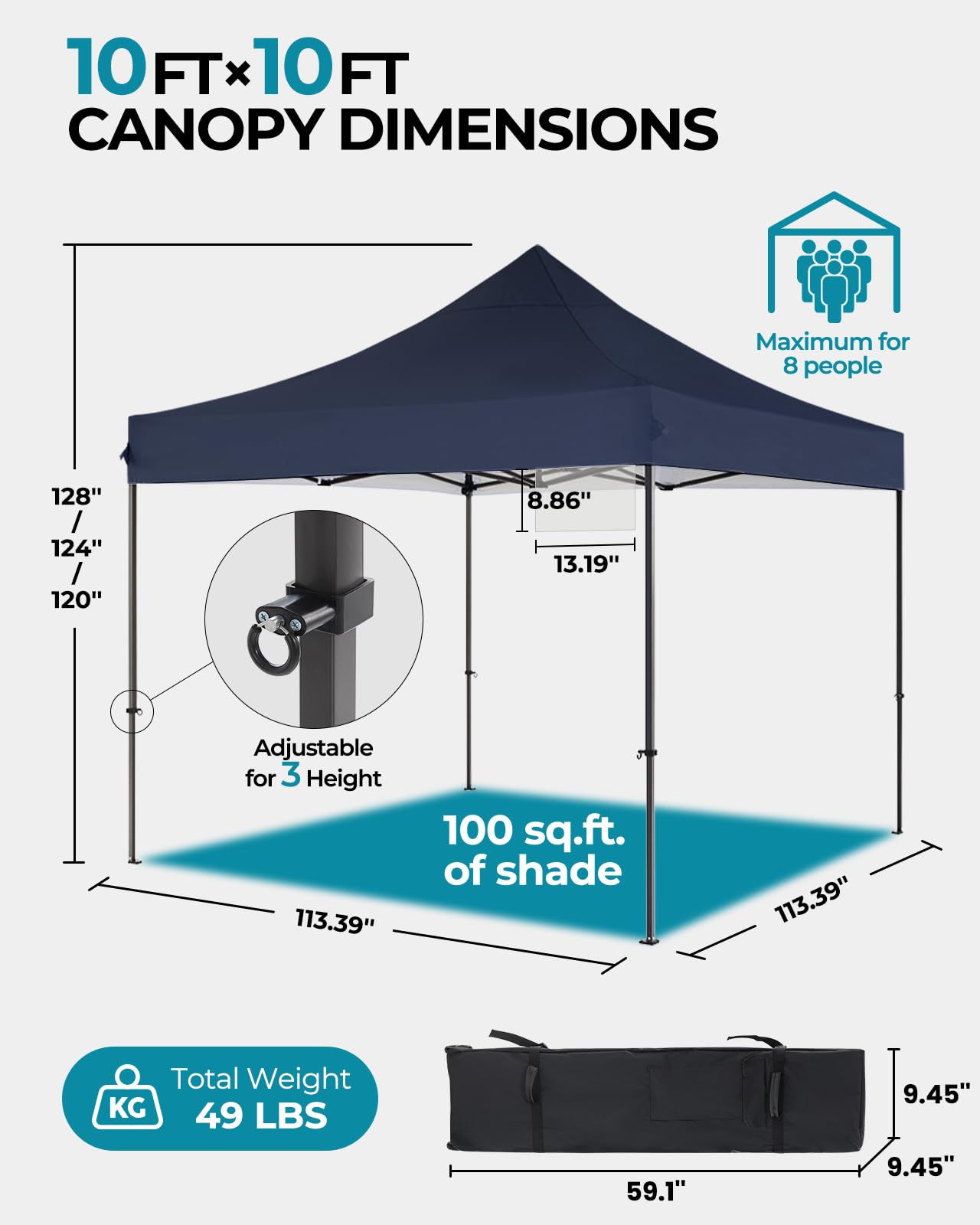 Eesdom 10x10 Pop Up Canopy with Wheeled Bag, Commercial Portable Canopy Tent, Easy Set Up, 4 Stakes & 4Sandbags & 4 Ropes, Waterproof Outdoor Shelter for Market, Parties, Navy Blue