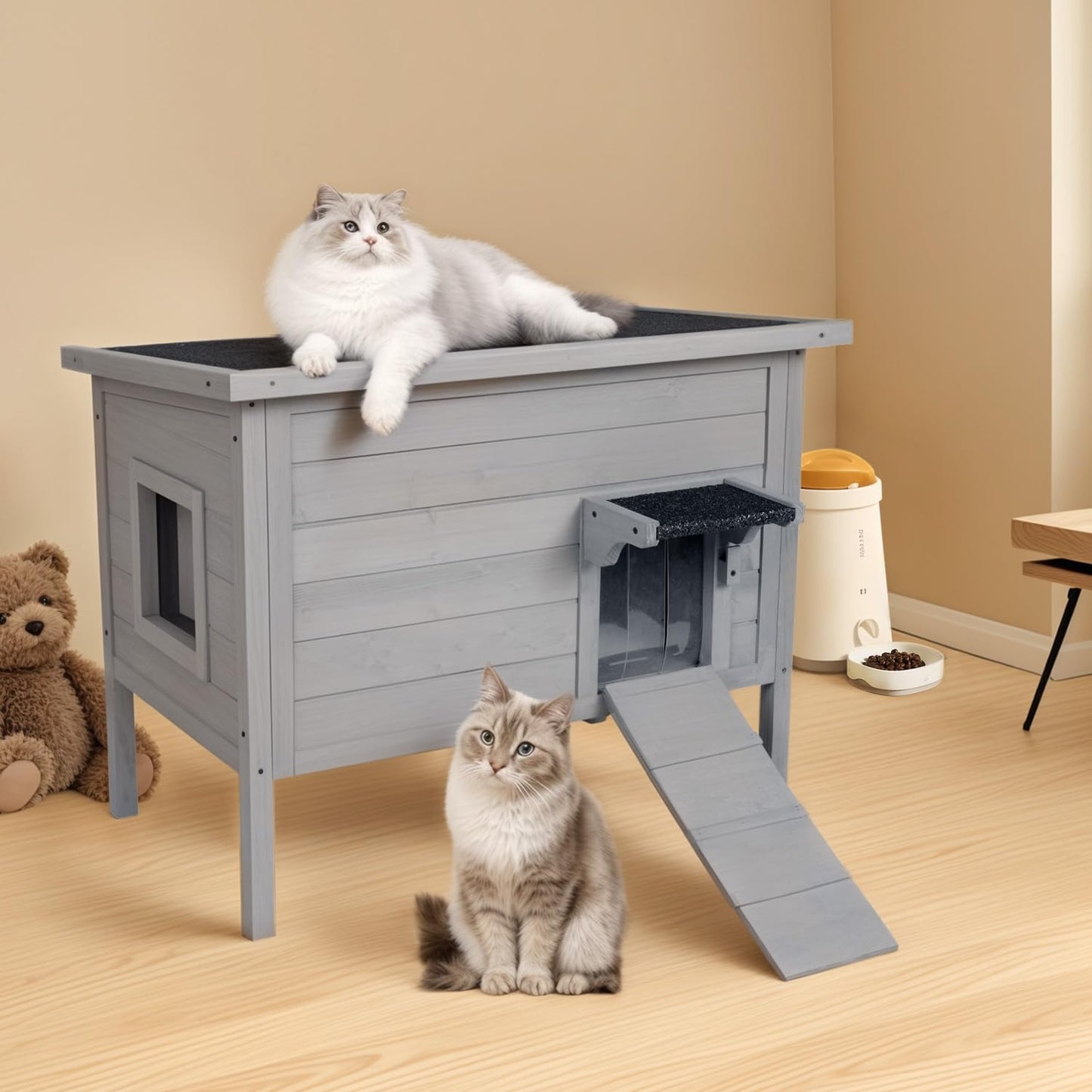 BRIOPAWS Outdoor-Cat-House-Insulated | Feral-Cat-Shelter for Winter | Weatherproof | Large Wooden Pet House for Multiple Cats | Foldable Ladder | Acrylic Side Window | Grey