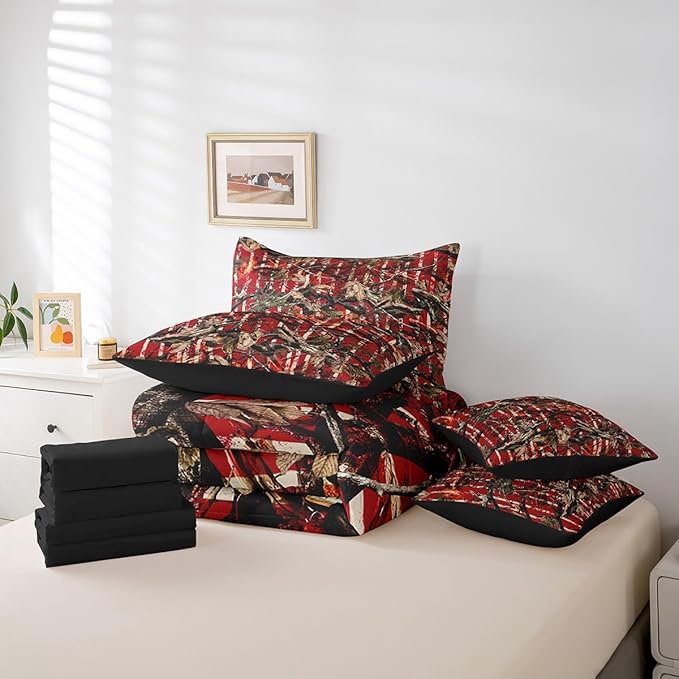 Feelyou Tree Branches 7 Pieces Bedding Set, for Kids Wild Hunting Leaf Bed Set Twin Size Botanical Tree Bed in a Bag with Comforter, Sheets, Pillowcases Bedroom Decor Nature Theme Red Brown