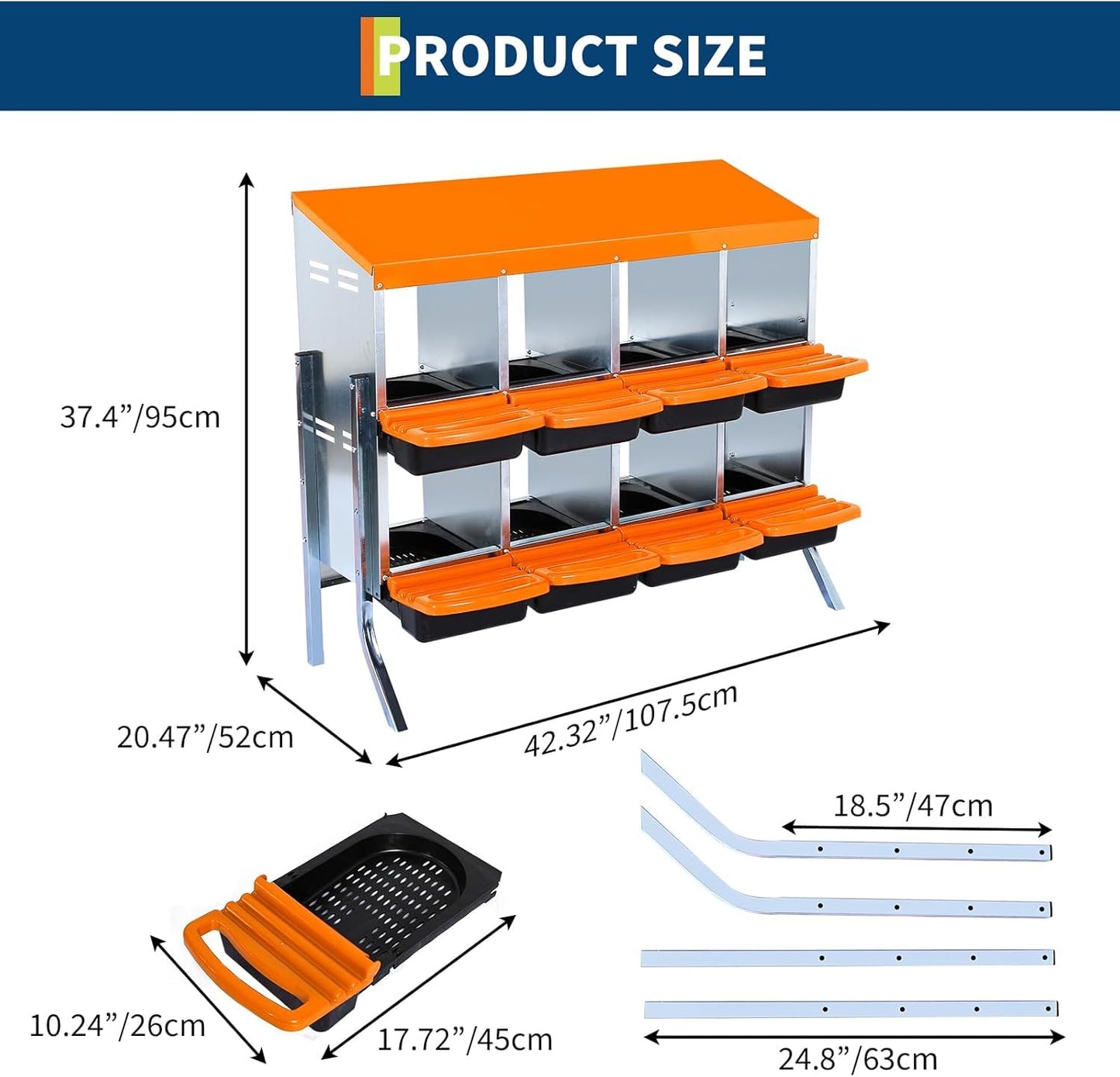 8 Hole Chicken Nesting Box, Nesting Boxes for Chickens Roll-Away Egg Collection System with Ventilation Holes Rustproof Plastic Tray & Keyhole Mounting, Chicken Laying Box for Hen & Duck with Leg