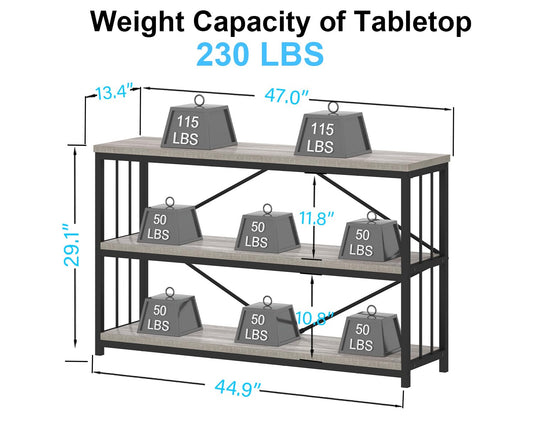 IBF 47" Gray 3 Tier Low Bookcase,Industrial Modern Short Horizontal Etagere Bookshelf, Simple Wide Open Rustic Metal and Wooden Book Shelf for Bedroom Living Room Home Office Storage, Light Grey Oak