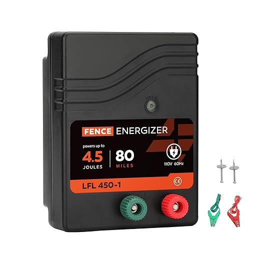 Electric Fence Charger AC Powered 80 Miles 250 Acres, 110 Volt 4.5 Joule Plug-in Electric Fence Energizer, Output Voltage Max 10 kV for Livestock, Preventing Predators from Intruding