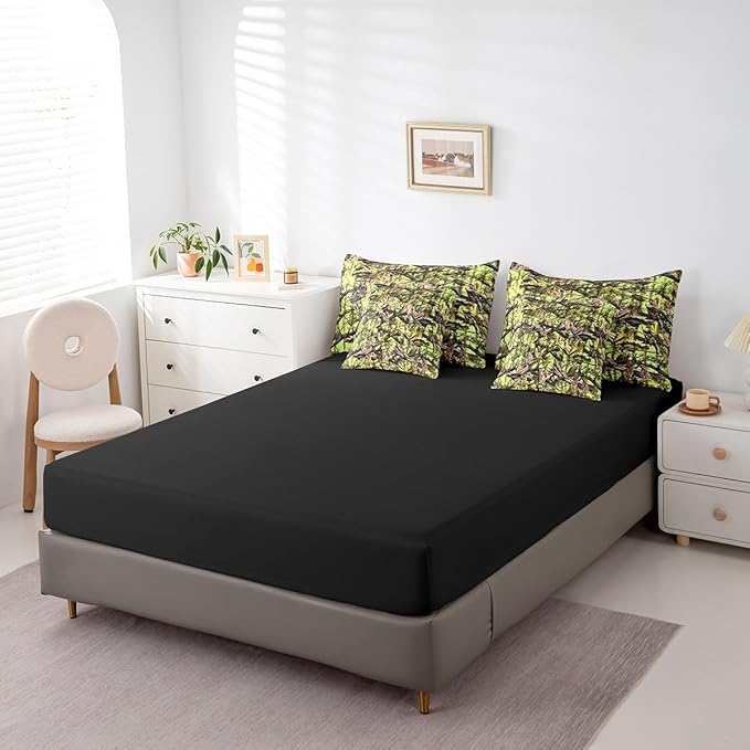 Feelyou Tree Branches 7 Pieces Bedding Set, for Kids Wild Hunting Leaf Bed Set Queen Size Botanical Tree Bed in a Bag with Comforter, Sheets, Pillowcases Bedroom Decor Nature Theme Neon Green Brown