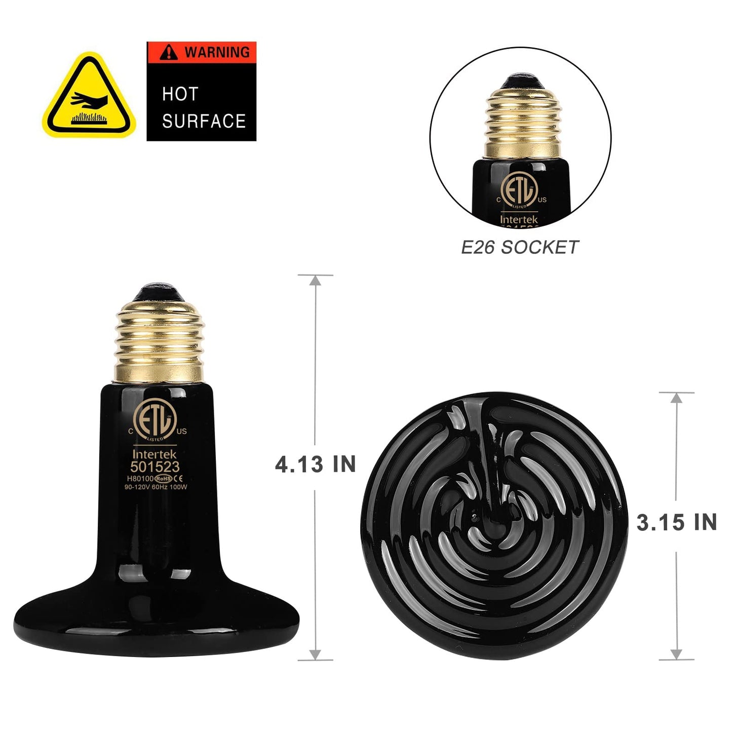 WUHOSTAM 3 Pack 100W Black Reptile Heat Lamp, Infrared Ceramic Emitter Bulb for Pet Coop Heater, Lizard, Turtle, Snake, Aquarium, No Harm No Light, ETL Listed