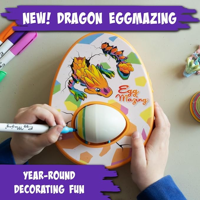 The Eggmazing Egg Decorator Dragon Egg Kit Arts and Crafts Set - Includes Egg Decorating Spinner, 6 Markers, and 2 Dragon Eggs with 3D Printed Dragons Inside | Ages 3 and Up