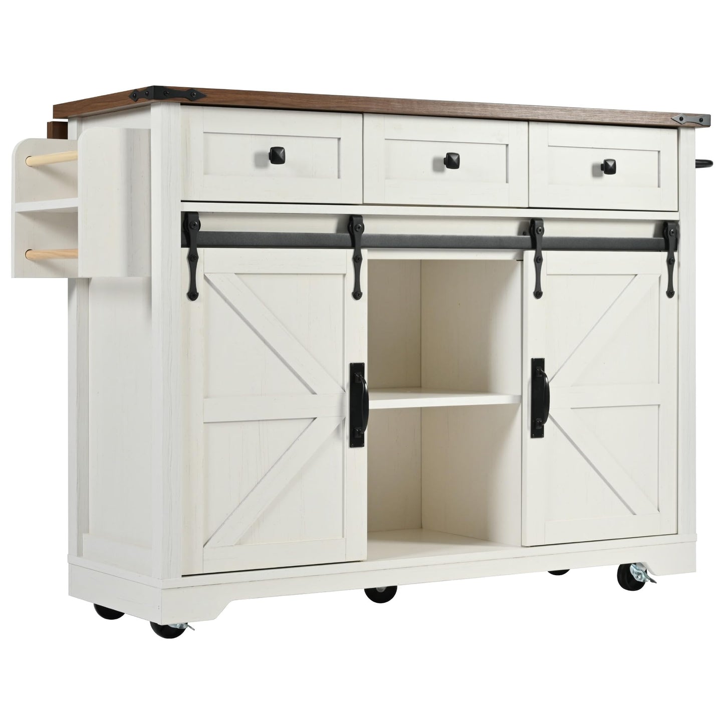 Ball & Cast Farmhouse Kitchen Island Cart with Power Outlet,2 Sliding Barn Doors,3 Adjustable Shelves,Dining Storage Island W/Drop Leaf,Spice Rack,Rolling Cart on Wheels,for Kitchen,Dining Room,White