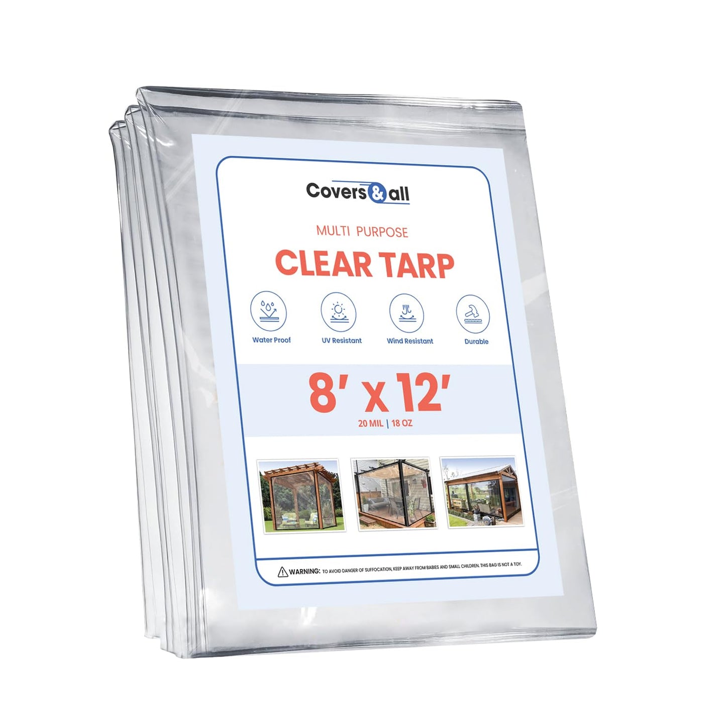 Covers & all Clear Tarp Heavy Duty Waterproof, 20mil Clear Tarp with Grommets, Outdoor Tarp for Patio Covers, Porch Screens, Greenhouses, Chicken Coop (8' H x 12' W Feet), Indoor or Outdoor Use