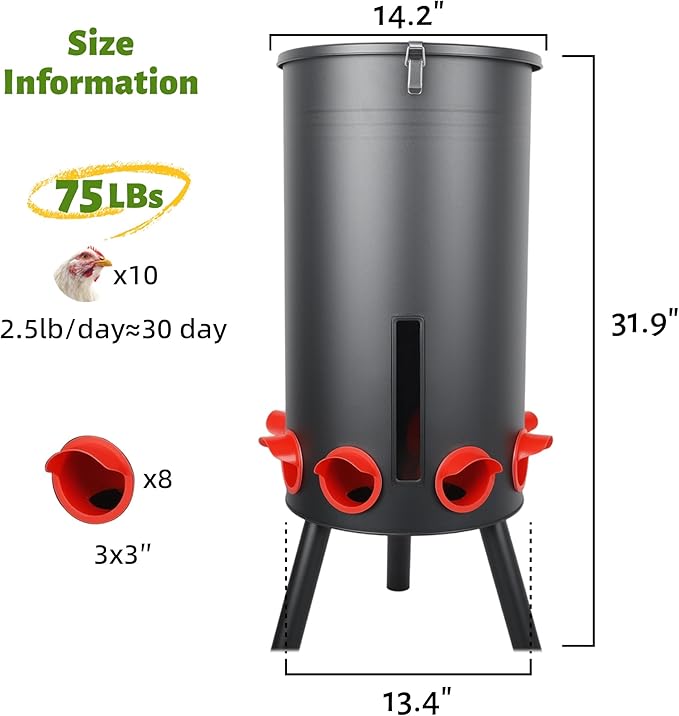 KOL 75 LB Large Free Standing Chicken Feeder, Portable Gravity Chicken Feeder Automatic, Dispenser, 8 Feeding Ports Poultry Feeder for Chicken Rooster & Hen (Black)