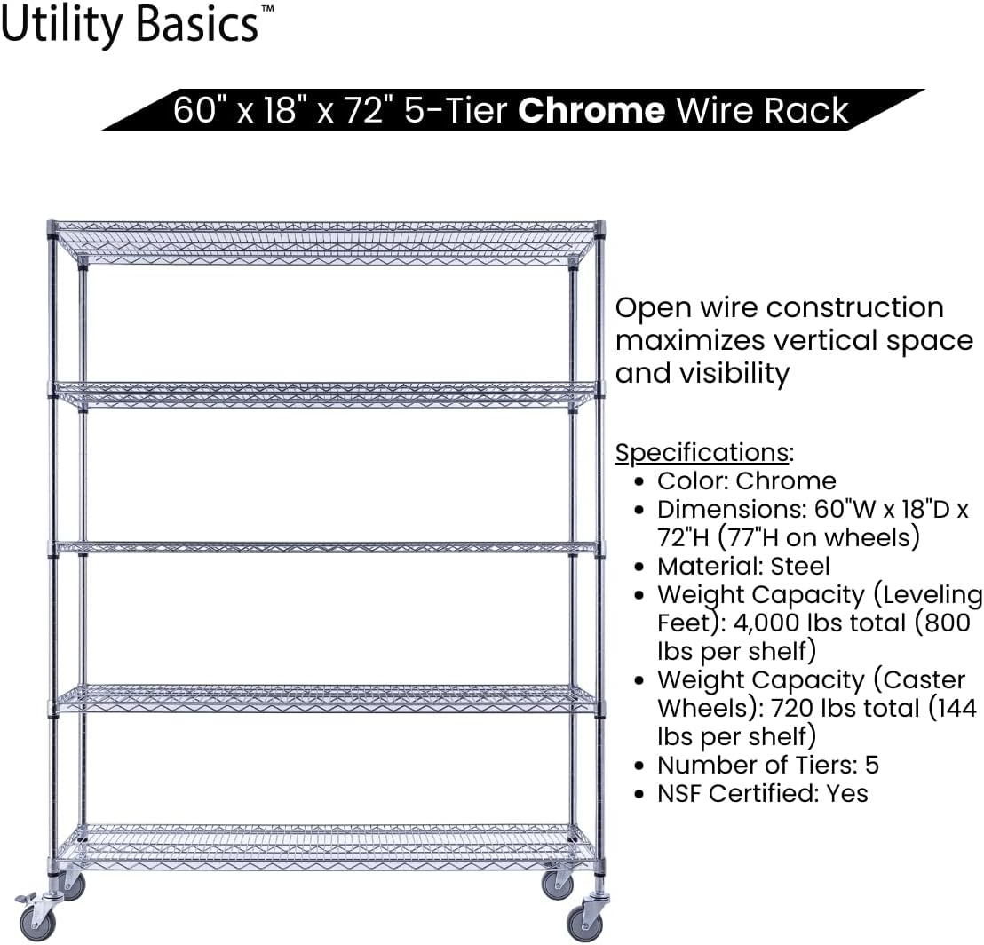 Utility Basics 60"x18"x72" Chrome 5-Tier PREMIUM Wire Shelving NSF 4000 LBS MAX CAPACITY Heavy Duty Steel Storage Rack for Warehouses, Garages, Hospitals, Commercial Spaces, & Schools w/PREMIUM WHEELS