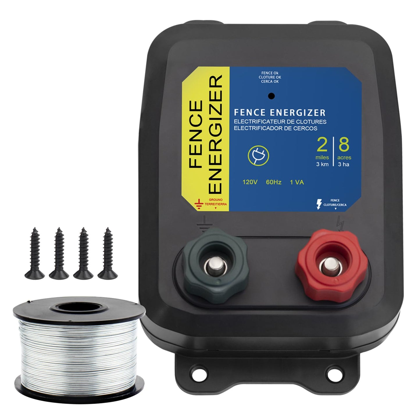 Electric Fence Energizer for Dogs Energizer PE2 0.10 Joule and Spool Aluminum Wire,Livestock Fence Chargers for Containing Dogs, Livestock and Preventing Wild Animals Intruding