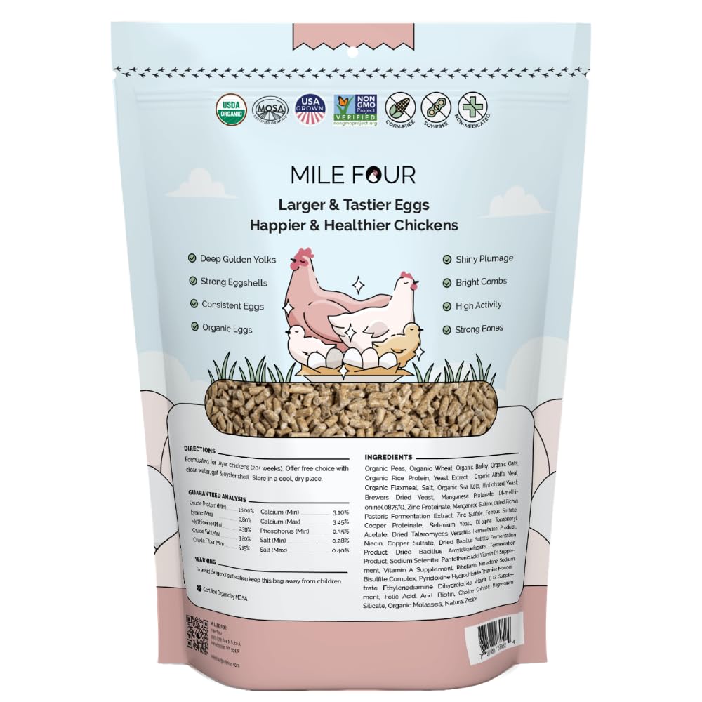 Mile Four Organic Chicken Feed – Layer Pellet, Non-GMO, USA Grown, 16% Protein, Corn-Free, Soy-Free, Non-Medicated Feed for Chickens, 2 lbs Sample