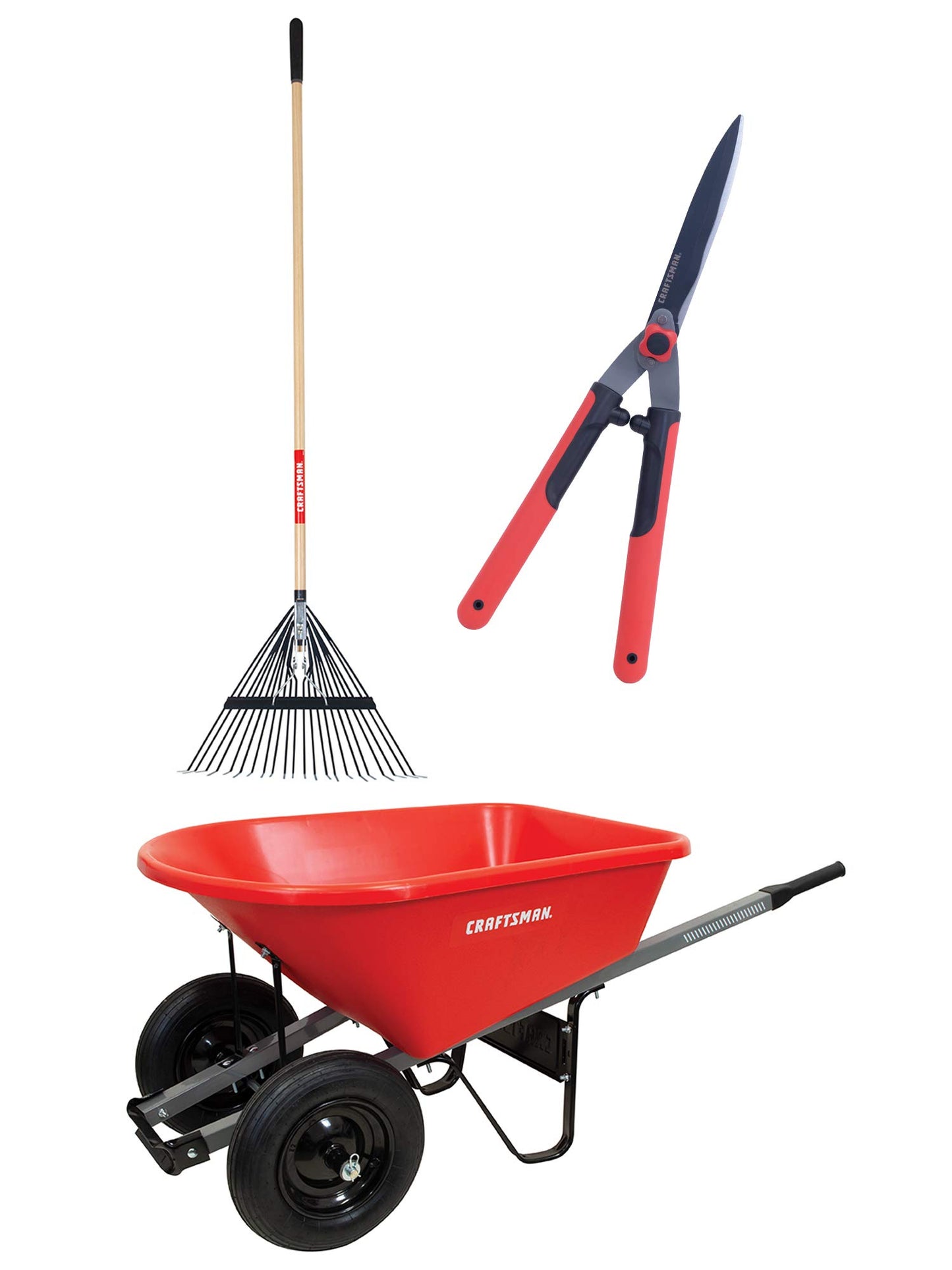 CRAFTSMAN CMXMKIT0190 3-Piece Leaf Clean-Up Set with Wavy Blade Hedge Shears, 22-Tine Wood Handle Lawn Rake and 6 Cu. Ft. Poly Tray Wheelbarrow, Red