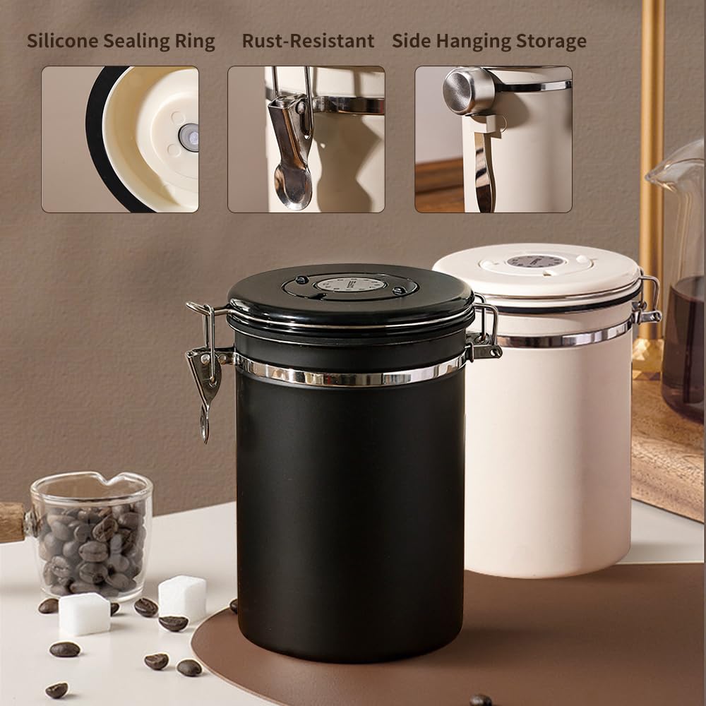 Joywoof Airtight Stainless Steel Coffee Canister,1.8L Coffee Bean Storage Container with Date Tracker and Scoop for Coffee Beans, Grounds, Tea, Flour, Cereal, Sugar, Large (Black)