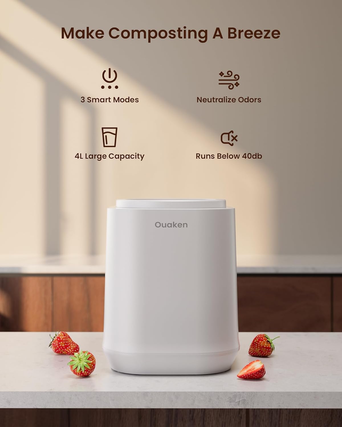 Ouaken Electric Composter for Kitchen, 4L Smart Countertop Compost Bin, Odorless | Low Noise | Auto-Cleaning | Turn Food Waste into Fertilizer Within 3 Hrs