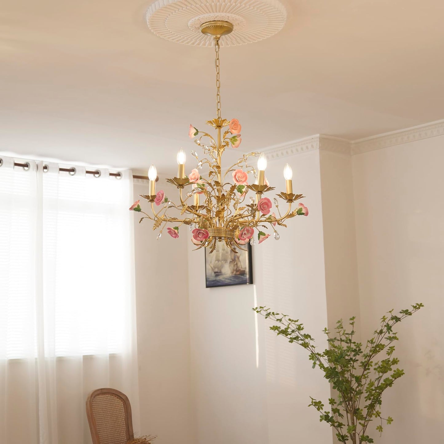 Farmhouse Dining Room Over Table Chandelier, Hanging Light Fixture Pink Bedroom, Art Deco Unique Rustic Tree Lamps Leaves Lighting Fixtures, Foyer Living Room Kitchen Ceiling Crystal Pendant Lights