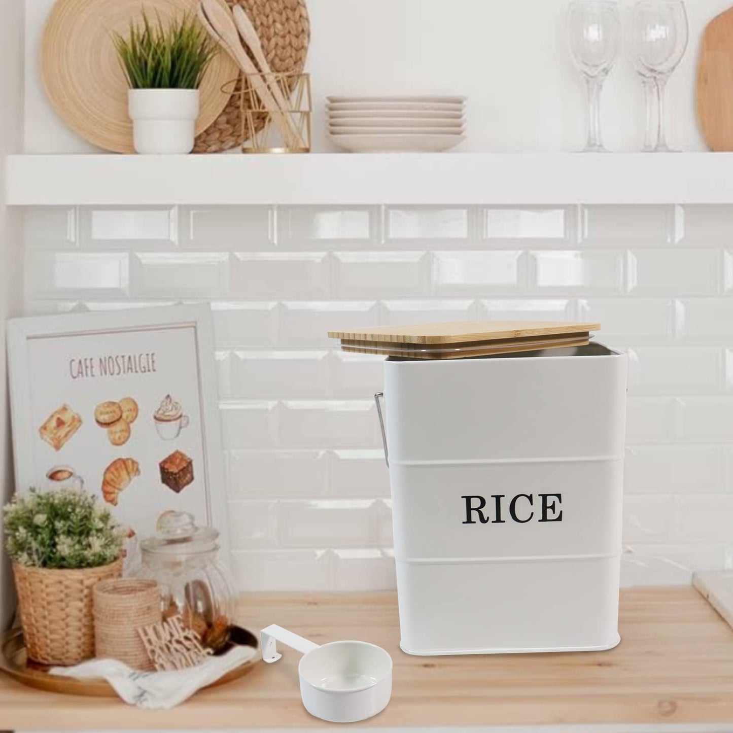 Gdfjiy Rice Container Metal Rice Storage Bin, Rice Storage Box with Airtight Bamboo Lid & Scoop, Food Storage Container for Rice Flour Soybean Grain Cereal (White)