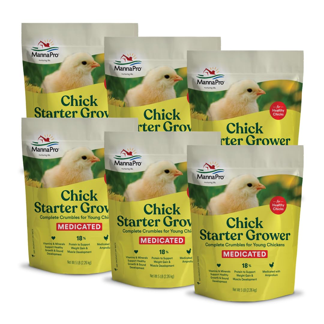 Manna Pro Medicated Chick Starter Grower - Crumbled Chick Feed - Feed for Young Chickens - 6-Pack of 5lbs