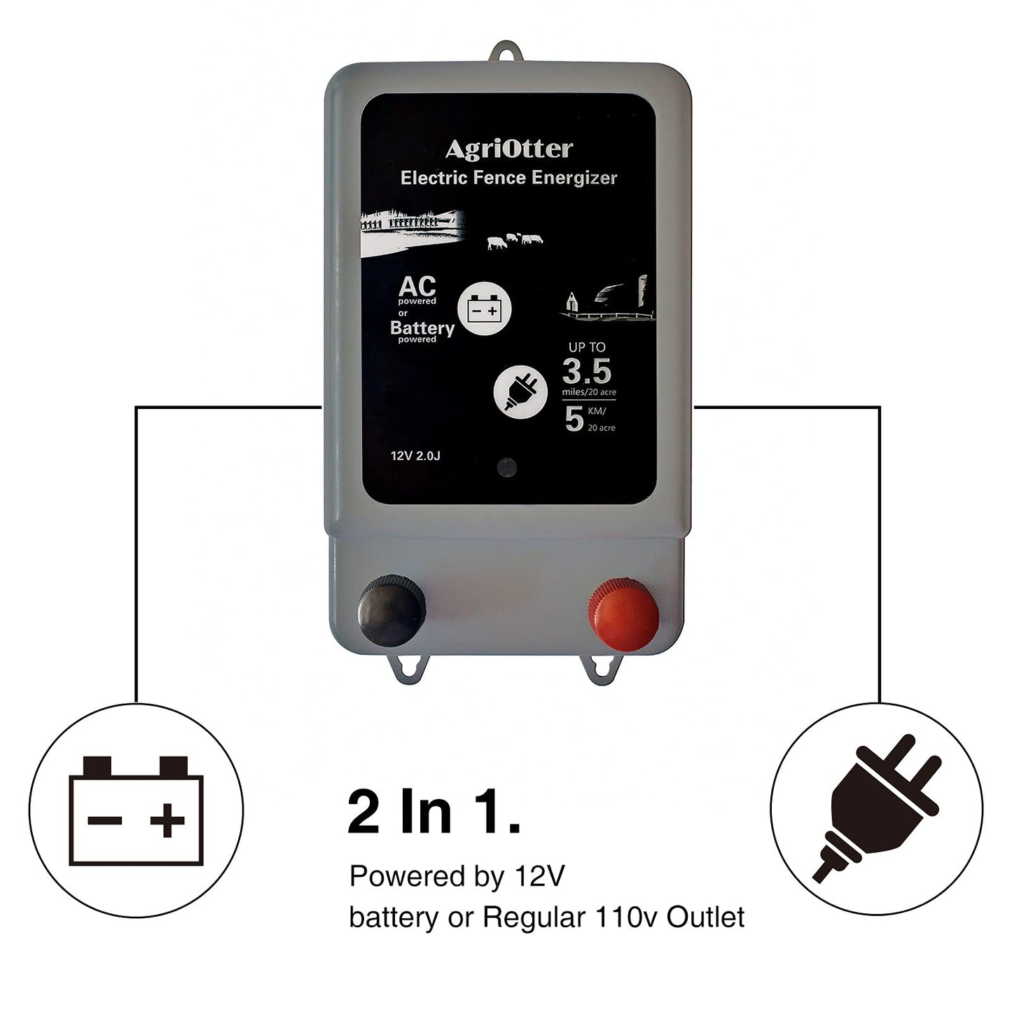 AgriOtter Electric Fence Energizer 20 Acre 2 in 1 Powered by Battery or AC Outlet 10000V 2J Pulse Electric