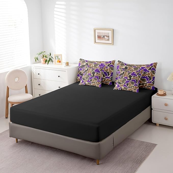 Feelyou Duck Hunter Purple Camouflage Hunting 7 Pieces Bedding Set, Queen Size Black Brown All Season,Bed in a Bag with Comforter, Sheets, Pillowcases Camo Army Bed Set Breathable Wild Room Decor