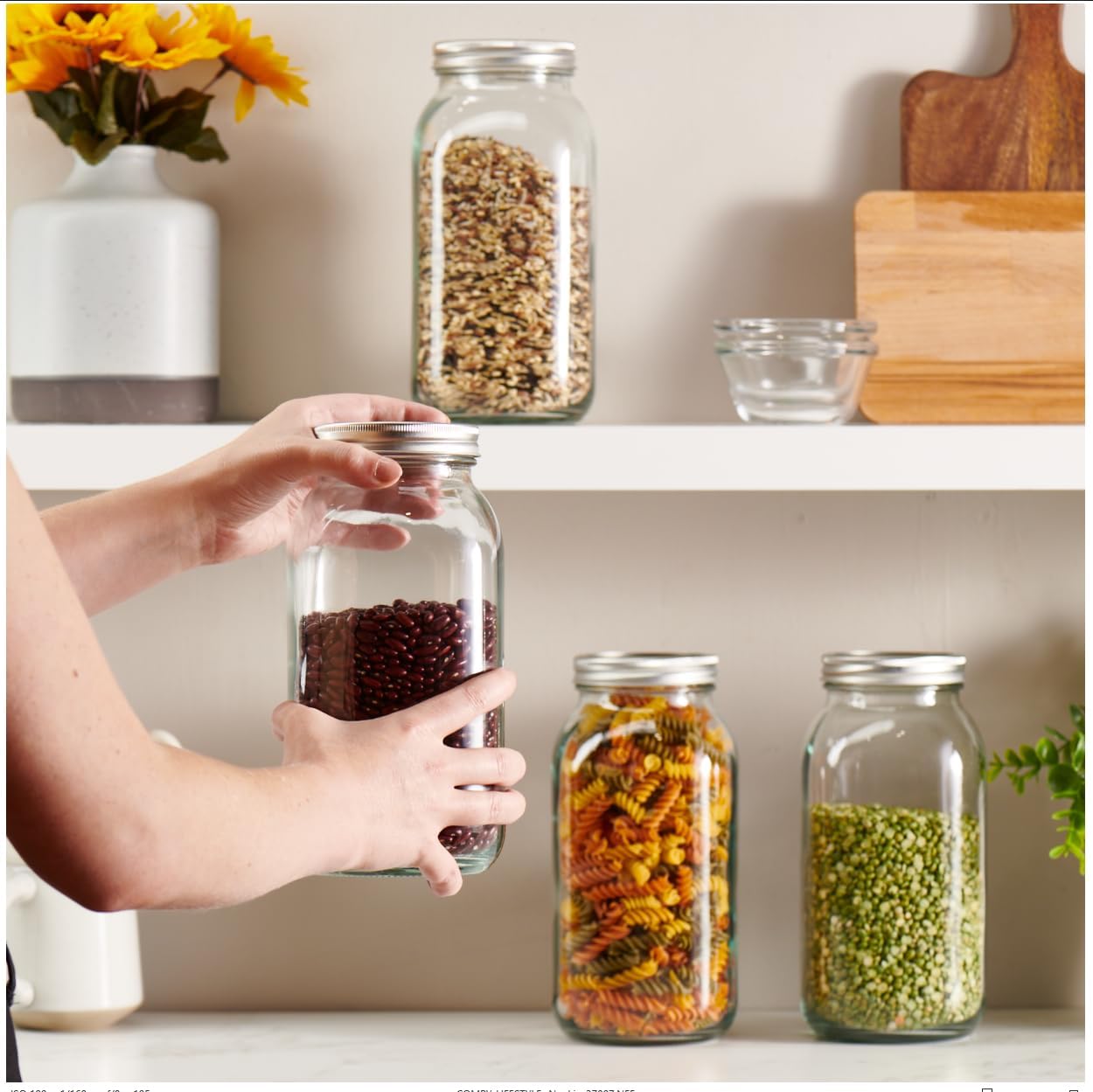 GLING [3 Count 64 oz. Wide-Mouth Glass Mason Jars with Metal Airtight Lids and Bands 2 Quart Large For Preserving, & Meal Prep