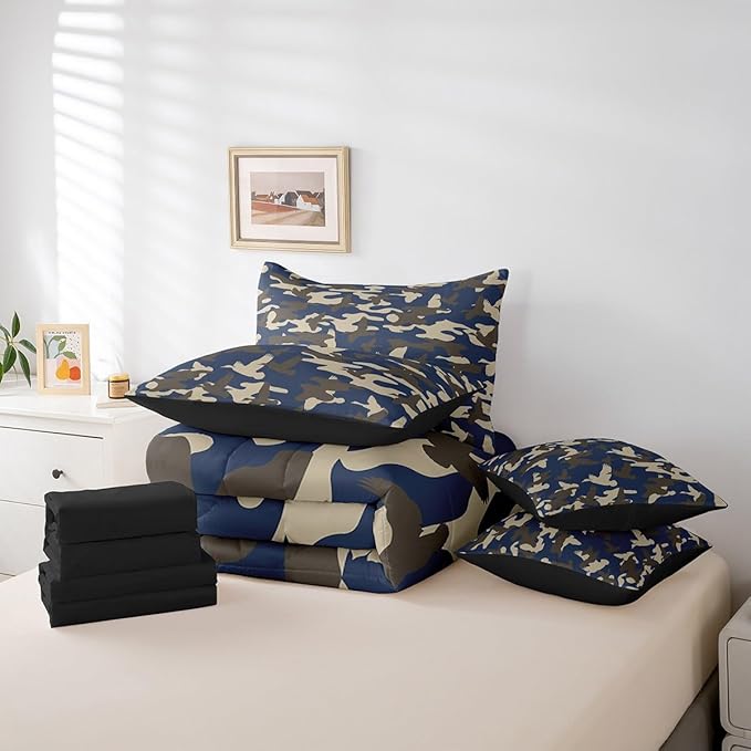 Feelyou Duck Hunter Bed Set Boys Girls Full Size Duck Hunting Theme 7 Pieces Bedding Set for Kids Camo and Duck Bed Set Includes Comforter, Sheet Set, Pillowcases Blue Grey Room Decor