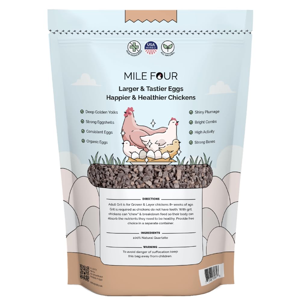 Mile Four Chicken Grit for Layer & Grower Chickens Age 8-20+ Weeks - 100% Natural Mineral Chicken Grit Quartzite, Poultry Grit, USA Mined, 4 lbs