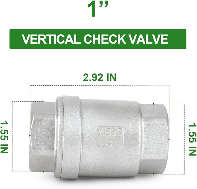 TAISHER 2PCS 304 Stainless Steel 1" Female Vertical Check Valve，Backflow Prevention, One Way Spring Check Valves CF8 WOG 1000