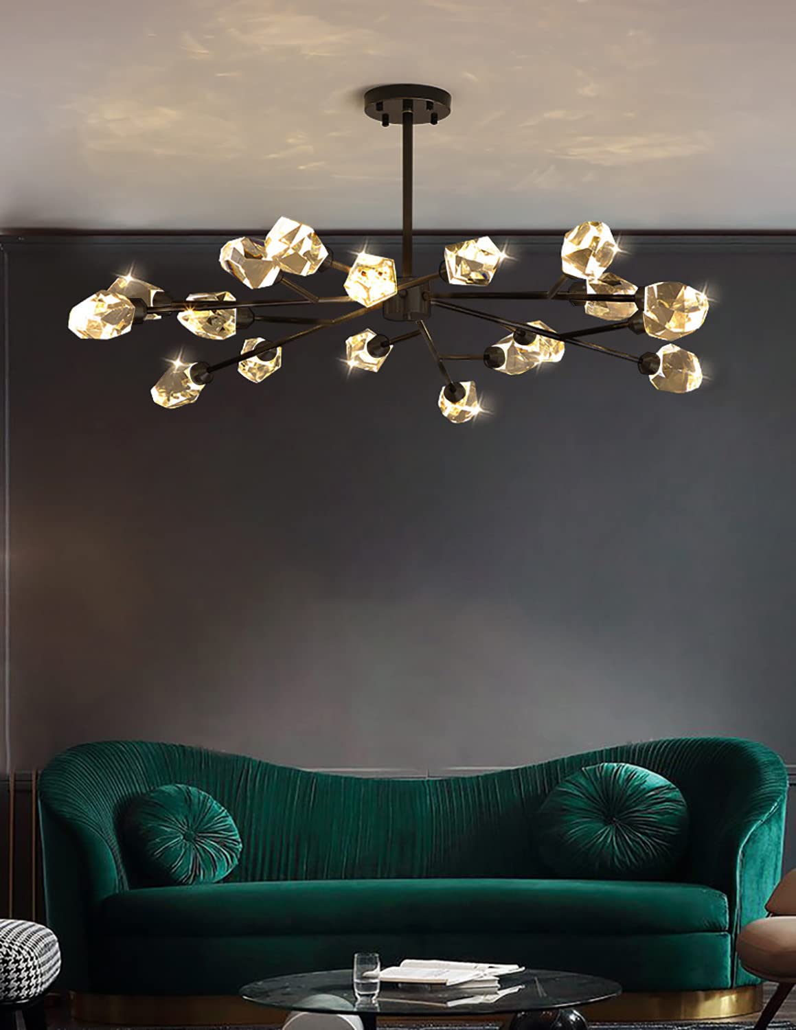 Modern Chandelier Ceiling Light Fixture Sputnik Crystal Chandeliers Black Farmhouse Chandelier Over Table 15-Light Height Adjustable Chandeliers for Dining Room, Living Room,Kitchen Island