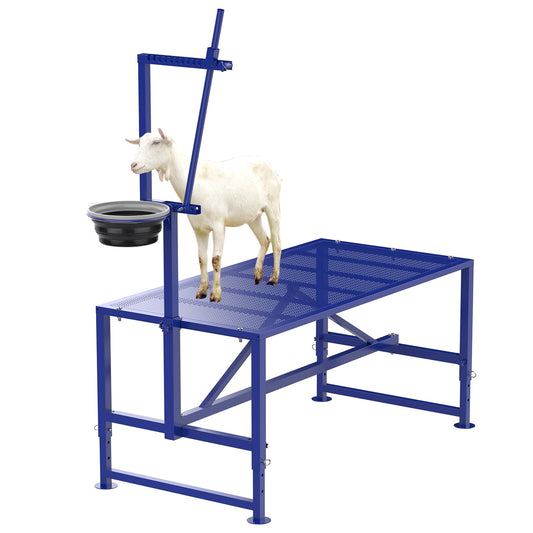 Larrik Goat Milking Stand with Feeder, Goat Stand for Trimming Hooves, with Adjustable Head Piece and Legs, Metal Blue Use for Livestock，400 Lbs for Small Sheep and Goat