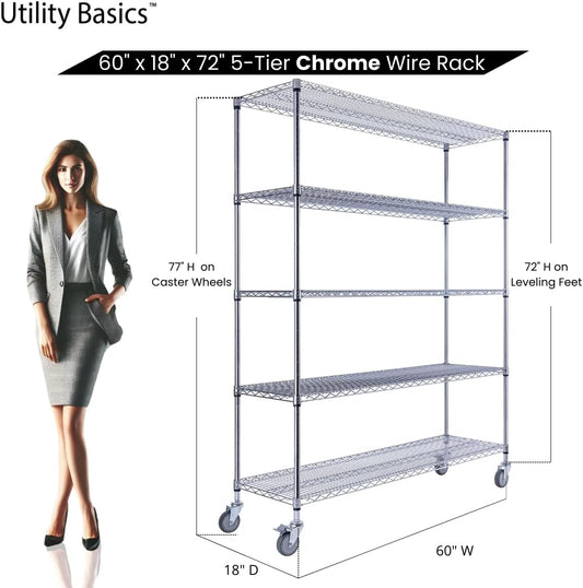 Utility Basics 60"x18"x72" Chrome 5-Tier PREMIUM Wire Shelving NSF 4000 LBS MAX CAPACITY Heavy Duty Steel Storage Rack for Warehouses, Garages, Hospitals, Commercial Spaces, & Schools w/PREMIUM WHEELS