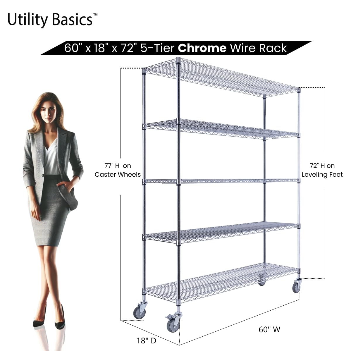 Utility Basics 60"x18"x72" Chrome 5-Tier PREMIUM Wire Shelving NSF 4000 LBS MAX CAPACITY Heavy Duty Steel Storage Rack for Warehouses, Garages, Hospitals, Commercial Spaces, & Schools w/PREMIUM WHEELS