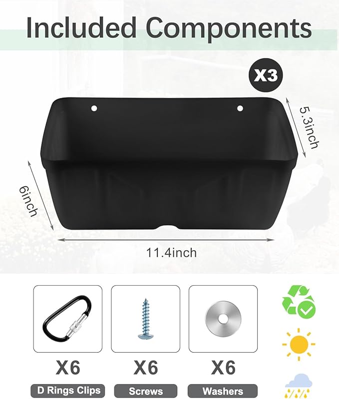 Chicken Feeder, 3 Pack, Poultry Feeders and Waterers, Hanging Goat Feeder, Livestock Fence Feeder, Feed Trough and Waterer Bucket with Clips, Black
