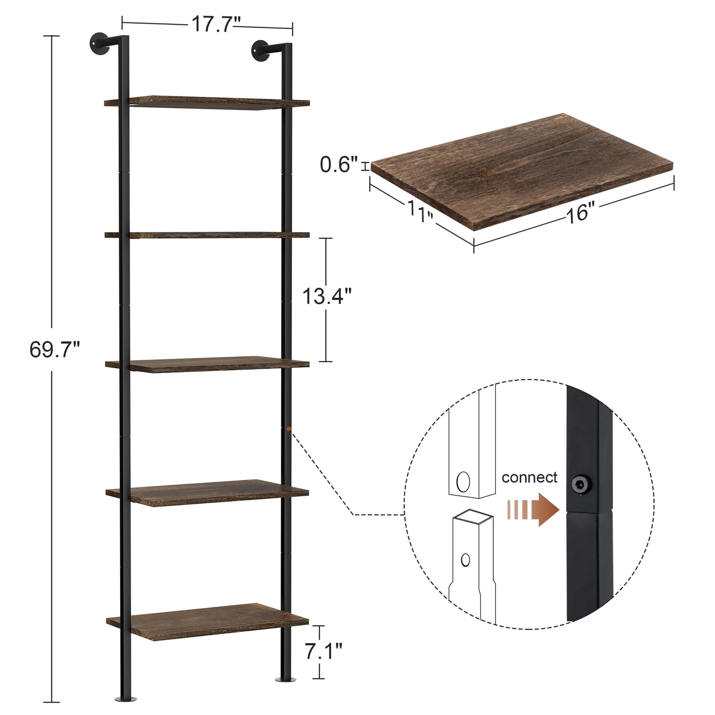 5-Tier Solid Wood Narrow Ladder Shelf, Wall Mount Bookcase, Storage Rack for Living Room, Bedroom, Industrial Style, Dark Brown