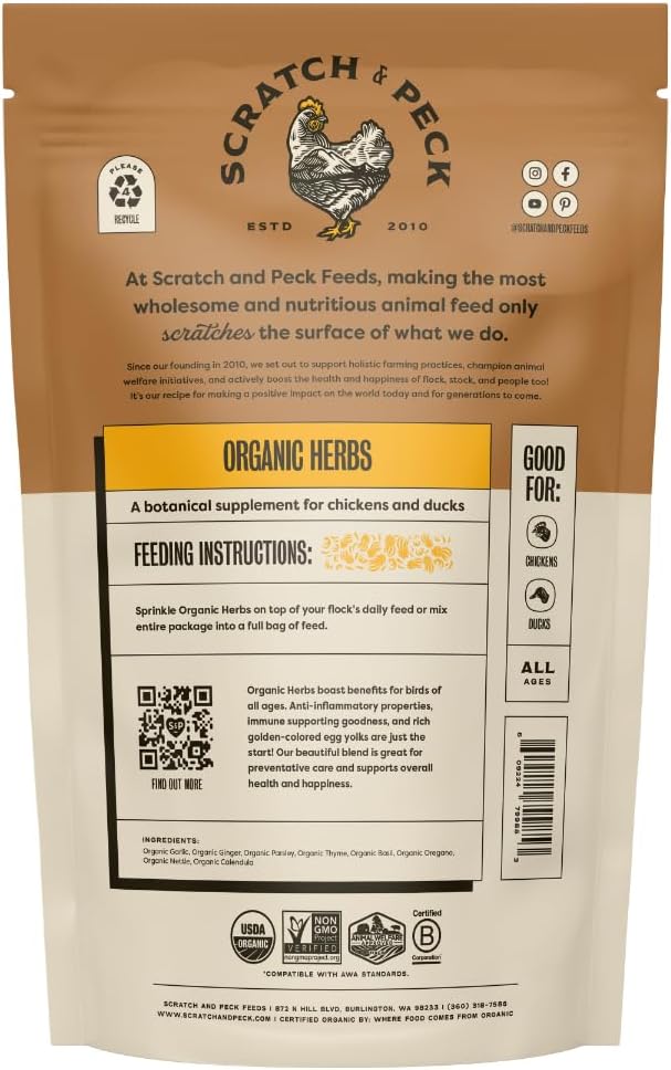 Scratch and Peck Dried Herbs Supplement for Chickens and Ducks - 10 oz Bag - Natural, Aromatic Nesting Box Herbs - Certified Organic and Non-GMO Project Verified