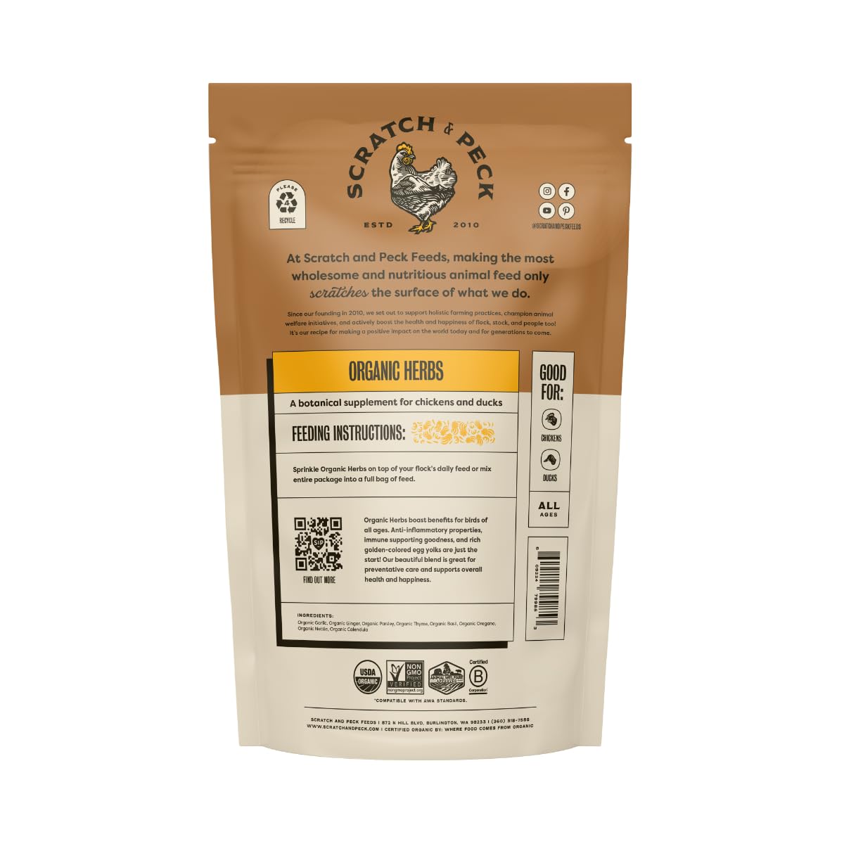 Scratch and Peck Dried Herbs Supplement for Chickens and Ducks - 10 oz Bag - Natural, Aromatic Nesting Box Herbs - Certified Organic and Non-GMO Project Verified