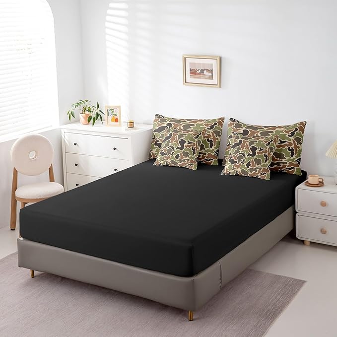 Feelyou Duck Hunter Green Camouflage Hunting 7 Pieces Bedding Set, Queen Size Black Brown All Season,Bed in a Bag with Comforter, Sheets, Pillowcases Camo Army Bed Set Breathable Wild Room Decor