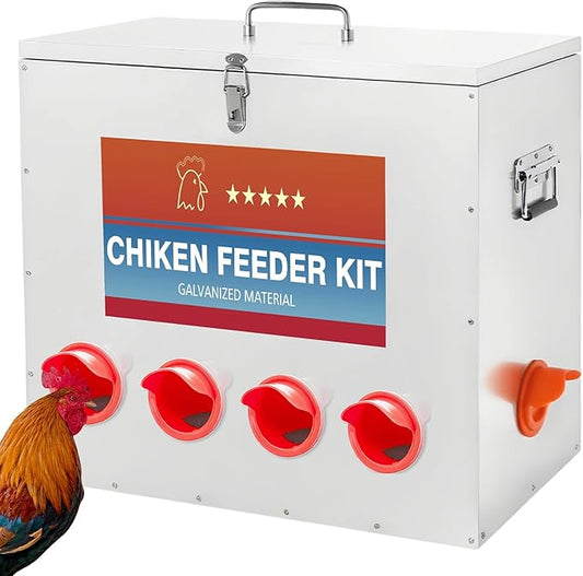 85-120LBS Metal Chicken Feeder No Waste 10 Ports Automatic Large Poultry Feeder with Latch & Handle for Chickens, Geese, Ducks, Turkeys, Quails, Weatherproof