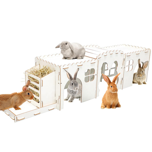GINDOOR Extra Large Rabbit Hideout Castle with Hay Feeder, Wood Bunny House and Rabbits Hideaway, Indoor Bunny Castle Sturdy Small Animal Play Hideaway Hut for Bunnies, Guinea Pigs, Chinchillas