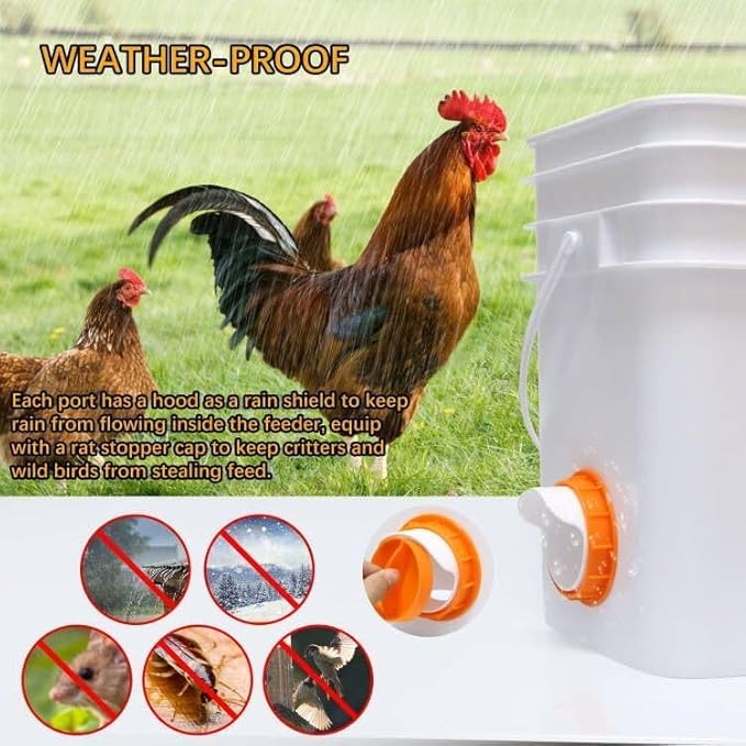 Chicken Feeders No Waste 8 Ports, 4 inch DIY Poultry Feeder with 8 Covers 1 Hole Saw, Rain Proof Automatic Gravity Chicken Feeder Kits for Buckets, Barrels, Bins, Troughs (Orange)