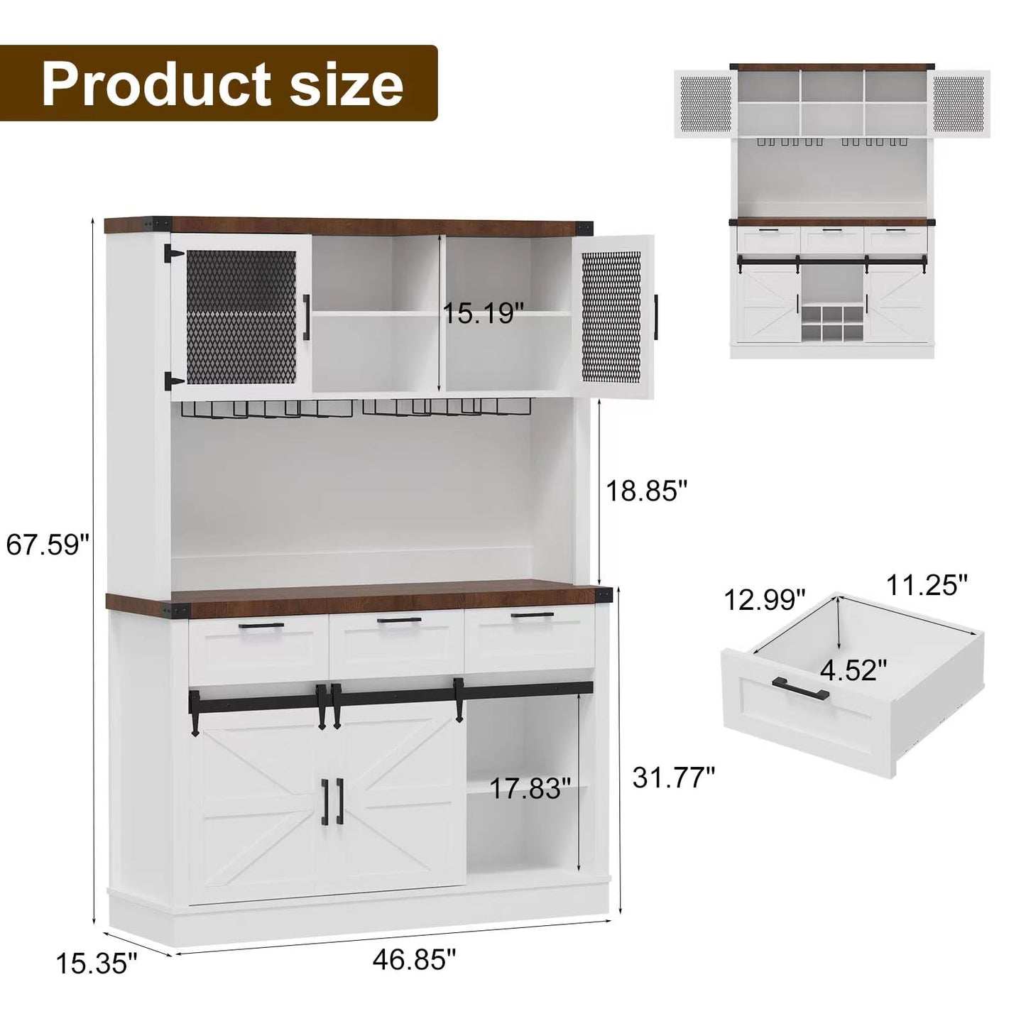 Farmhouse Bar Cabinet with Sliding Barn Door, Tall Kitchen Buffet Hutch Cabinet with Wine & Glasses Rack, Rustic Coffee Bar Sideboard for Living Room, Dining Room, White