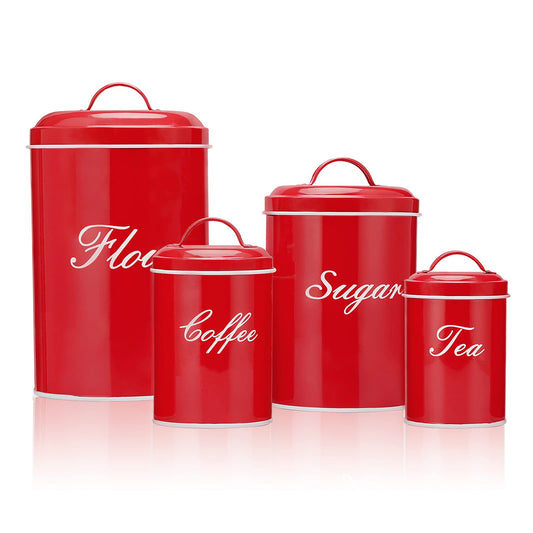 Deppon Canister Sets for Kitchen Counter, Flour and Coffee Containers, Vintage Farmhouse Design Food Storage Container with A Removable Lid, 4 Pack (Red)