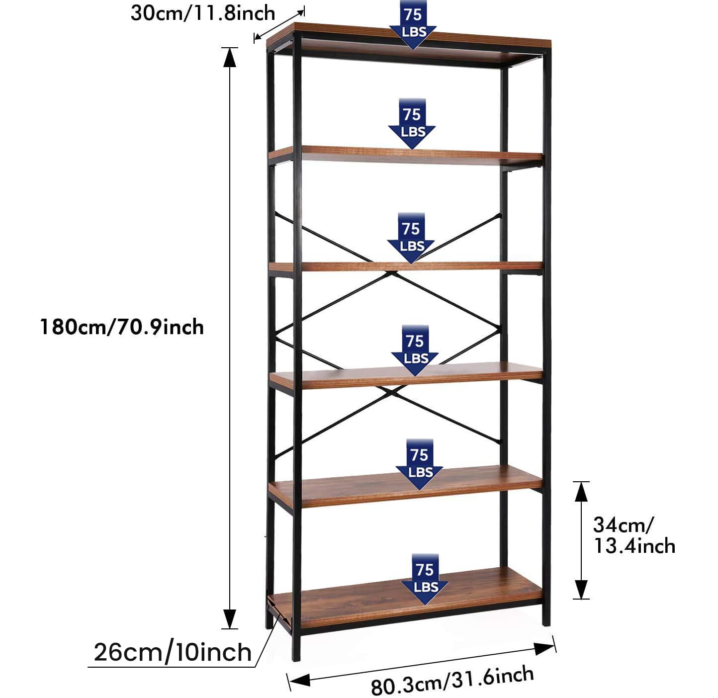 Himimi 6 Tier Industrial Bookshelf, Vintage Standing Storage Shelf, Display Shelving Units, Tall Bookcase, Industrial Metal Book Shelves for Living Room Bedroom and Home Office